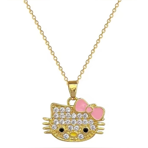18K Gold Plated Hello Kitty Head W/ Enameled Bow Pave Diamond Inlay Necklace - Picture 4 of 7